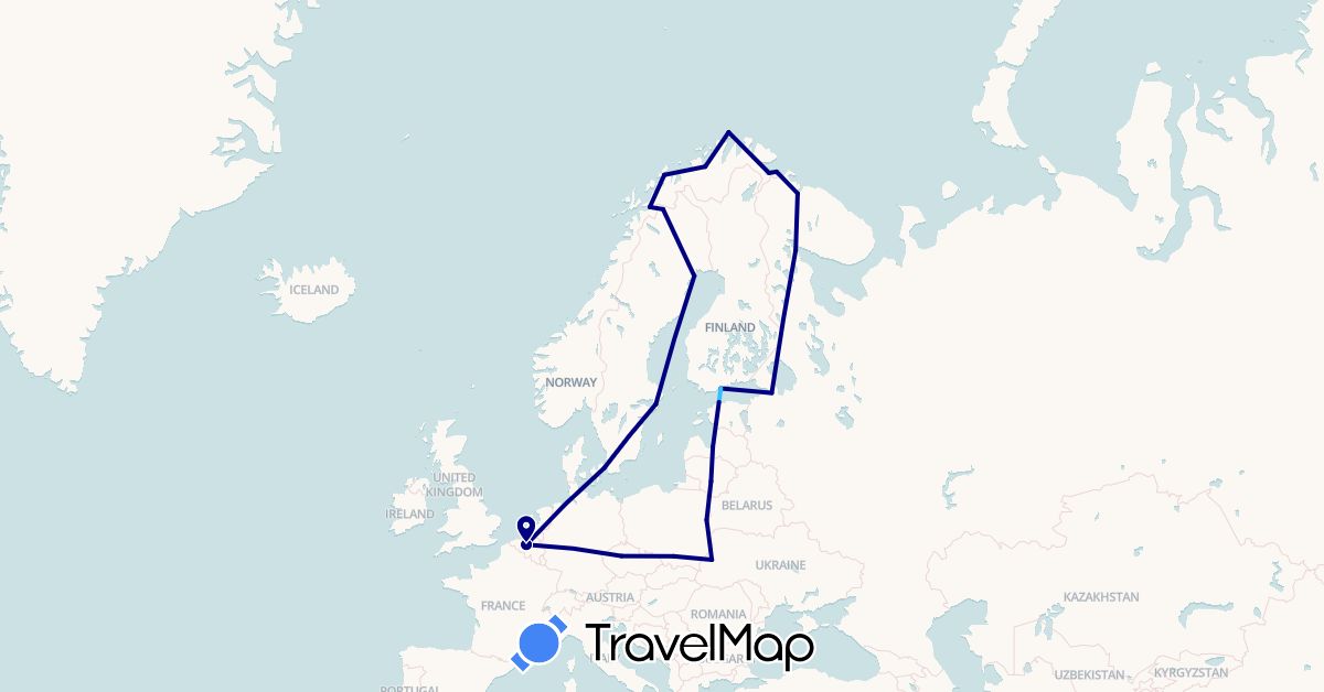 TravelMap itinerary: driving, boat in Belgium, Belarus, Czech Republic, Denmark, Estonia, Finland, Lithuania, Latvia, Norway, Poland, Russia, Sweden, Ukraine (Europe)